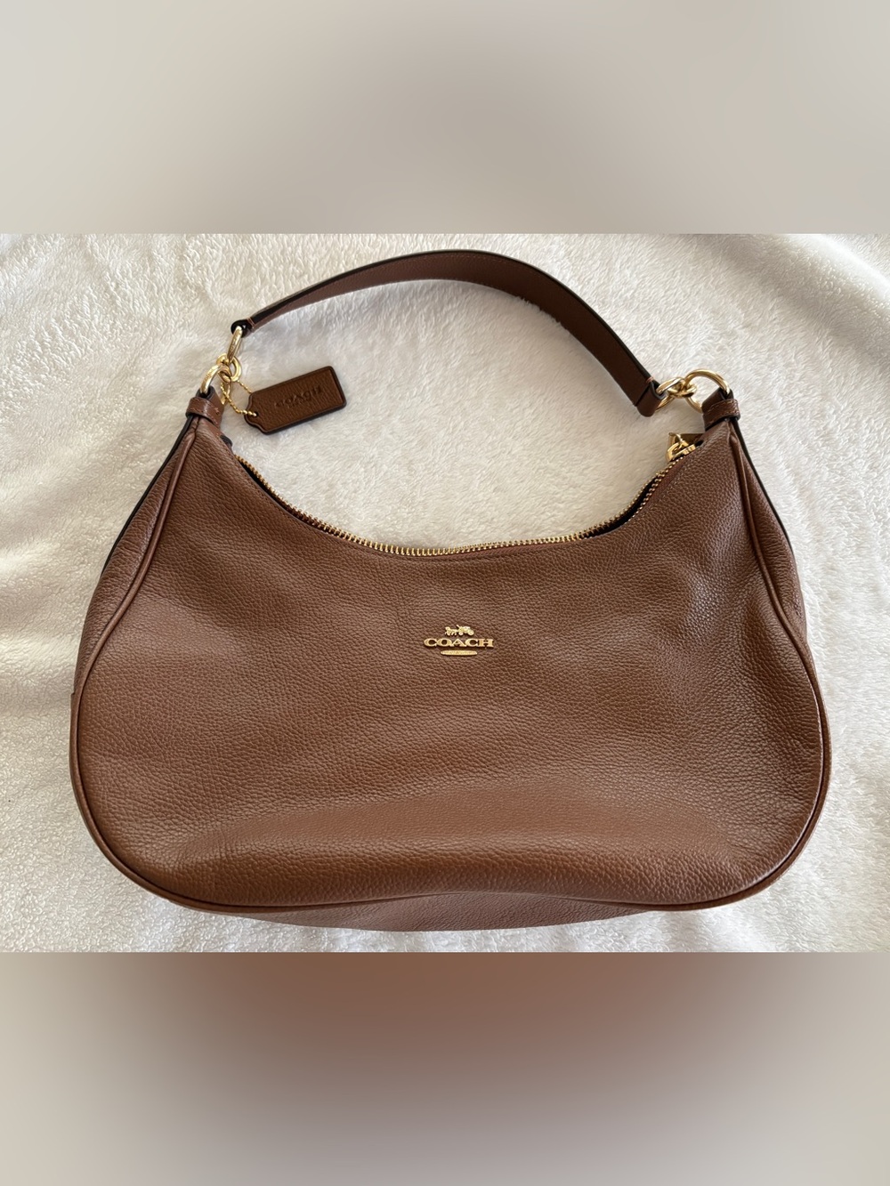 COACH Brown Pebbled Leather Hobo Shoulder Bag with Gold Hardware